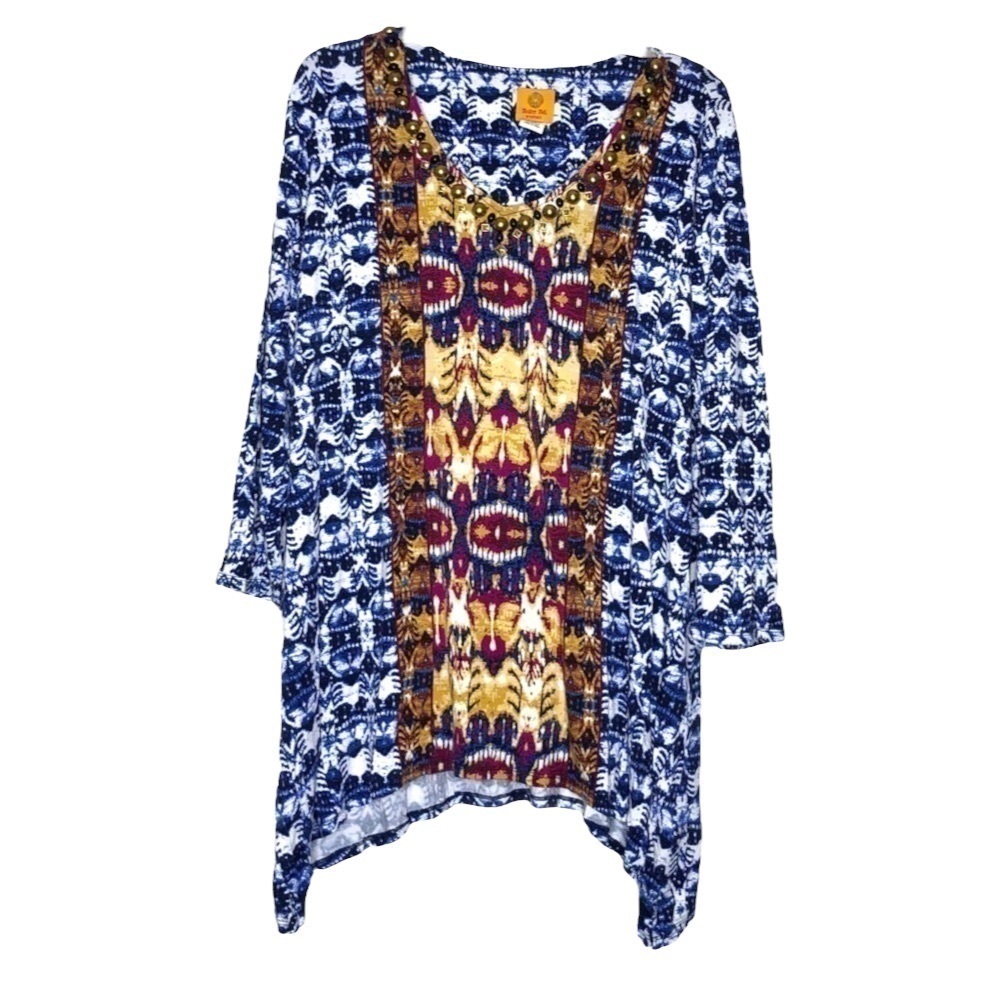 Ruby RD. Blue, White, Gold & Magenta Tribal Print Shark-Bite Top Beaded Size 1X